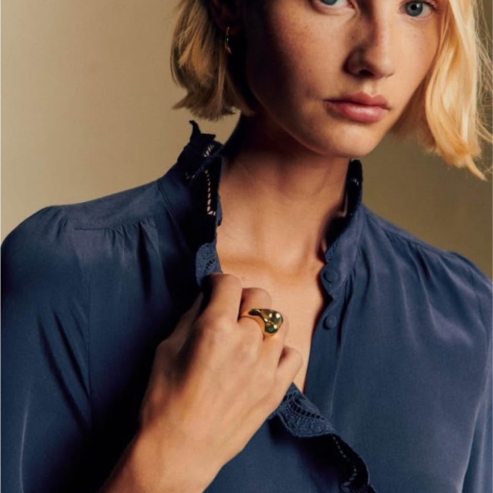 Sezane Chlo Navy Blouse with Ruffle Detail